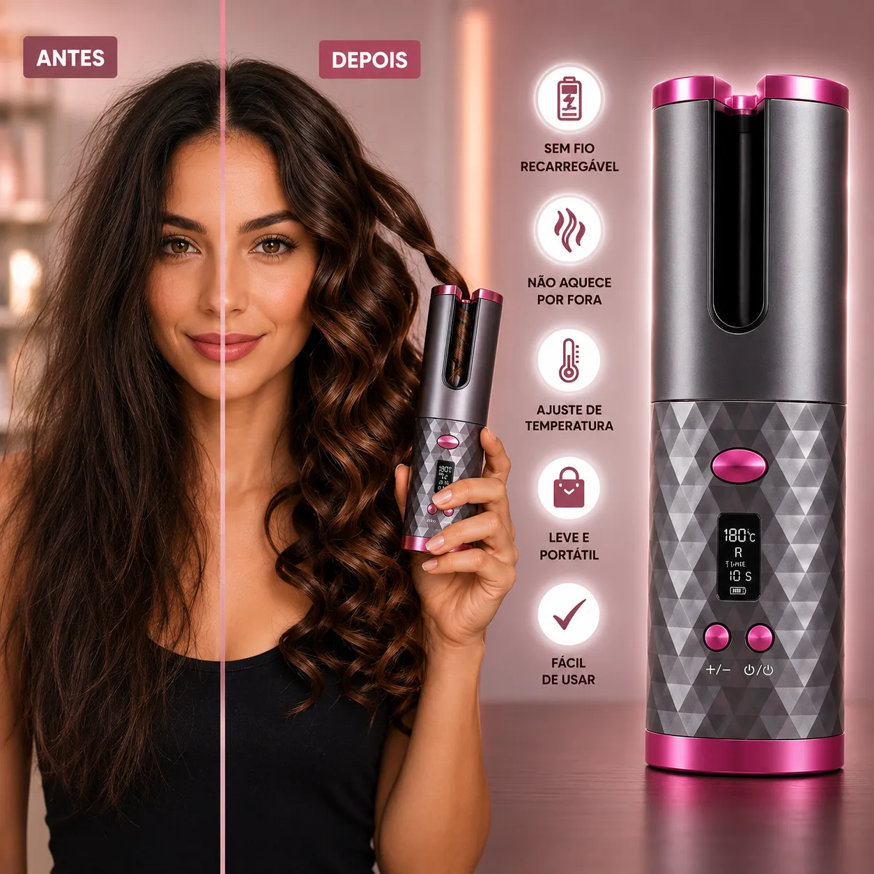 Modelador de Cachos sem fio- Auto-Curler